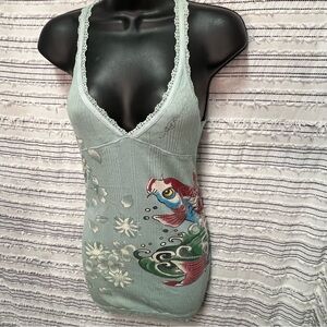 Ed Hardy Koi Fish Racerback Tank Top Size L Tattoo Y2K Graphic NWT 100% Cotton